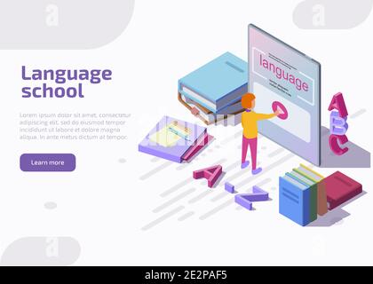 Pagina di destinazione isometrica della scuola di lingue. Apprendimento dei caratteri isometrici attraverso l'applicazione su tablet. Corsi di formazione online, formazione o e-learning, lezioni universitarie per banner e siti web. Illustrazione Vettoriale