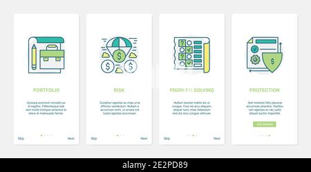 Illustrazione del vettore tecnologico per la risoluzione dei problemi finanziari. UX, interfaccia utente onboarding mobile app page set con linea finanziaria rischio stabilità protezione, portafoglio digitale, simboli di gestione account Illustrazione Vettoriale