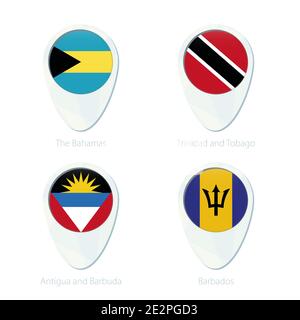 Le Bahamas, Trinidad e Tobago, Antigua e Barbuda, Barbados bandiera posizione mappa icona pin. Bandiera delle Bahamas, bandiera di Trinidad e Tobago, Antigua e Ba Illustrazione Vettoriale