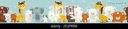 Set di carino giraffa cartoon, elefante, coniglio, orso, grizzly, orso polare, gatti, cani, elefante. Gli animali senza cuciture si delimitano su sfondo blu con i cuori Illustrazione Vettoriale