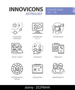 Concetto astrologico - Set di icone di stile moderno. Oroscopo online e previsione app mobile idea. Posizioni planetarie, astrologo, carte natali, Illustrazione Vettoriale
