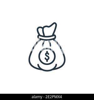 Borsa di denaro con simbolo del dollaro vettore di contorno icona. Sottile linea nera sacchetto di soldi con l'icona del segno del dollaro, vettore piatto semplice illustrazione dell'elemento da ed Illustrazione Vettoriale