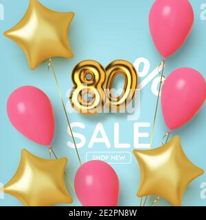 sconto del 80 su promozione in numero d'oro 3d realistico con palloncini e stelle. Numero in forma di palloncini d'oro. Vettore Illustrazione Vettoriale