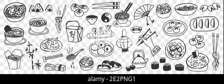 Vari piatti giapponesi cinesi set di doodle. Collezione di sushi maki disegnati a mano, involtini primaverili, riso al vapore e gnocchi come cucina nazionale isolata su sfondo trasparente. Illustrazione del cibo Illustrazione Vettoriale