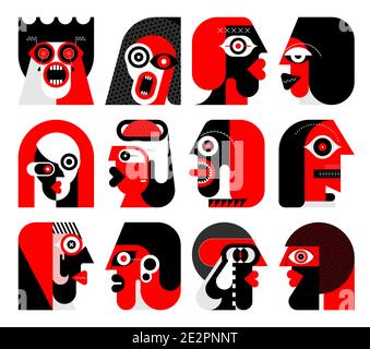 Colori rosso e nero isolati su uno sfondo bianco dodici Ritratti di persone diverse illustrazione vettoriale. Serie di avatar vettoriali a disegno piatto. Illustrazione Vettoriale
