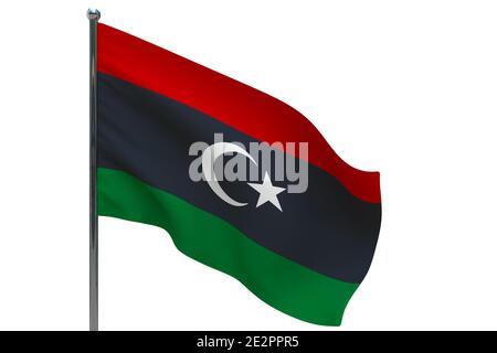 bandiera libica in pole. Palo in metallo. Bandiera nazionale della libia illustrazione 3D isolata su bianco Foto Stock