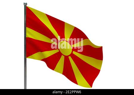 Bandiera Macedonia in pole. Palo in metallo. Bandiera nazionale della Macedonia illustrazione 3D isolato su bianco Foto Stock