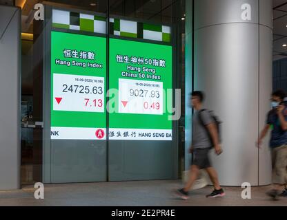 Hong Kong, Cina: 16 Set, 2020. HONG KONG, CINA - MAGGIO, 02, 2018: L'indice del mercato azionario di Hong Kong, l'indice di Hang Seng, o HSI è visualizzato su un elettrone Foto Stock