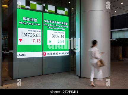 Hong Kong, Cina: 16 Set, 2020. HONG KONG, CINA - MAGGIO, 02, 2018: L'indice del mercato azionario di Hong Kong, l'indice di Hang Seng, o HSI è visualizzato su un elettrone Foto Stock