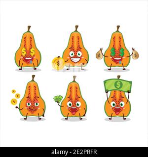 Fetta di cartoon papaya con simpatico emoticon portare denaro. Illustrazione vettoriale Illustrazione Vettoriale