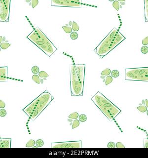 Vetro limonata e paglia vettore senza cuciture motivo sfondo. Sfondo bianco verde retrò con bicchieri da bevande di stile artistico, paillette, agrumi Illustrazione Vettoriale