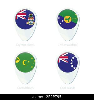 Cayman Islands, Christmas Island, Cocos Islands, Cook Islands flag posizione mappa icona pin. Bandiera delle Isole Cayman, bandiera dell'isola di Natale, Isole Cocos Fl Illustrazione Vettoriale