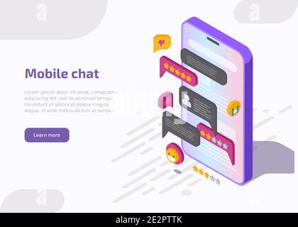 Interfaccia dell'applicazione di chat mobile sullo schermo dello smartphone con messaggi, emoji, fumetti in dialogo. Design dell'app Messenger. Pagina di destinazione vettoriale con illustrazione isometrica della conversazione online. Illustrazione Vettoriale