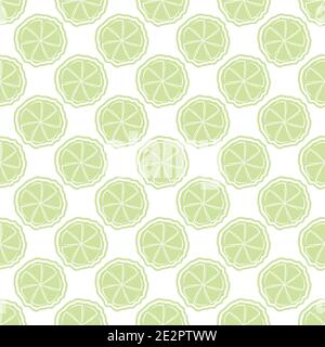 Vettore agrumi sfondo senza cuciture modello. Sfondo bianco verde chiaro con fette rotonde di lime o limone. Illustrazione geometrica disegnata a mano con Illustrazione Vettoriale