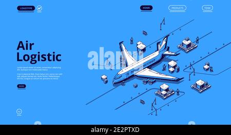 Landing page isometrica della logistica aerea. Trasporto aereo servizio globale di società di consegna, esportazione di merci di carico in aereo, commercio mondiale di merci di aeromobili di trasporto, banner web 3d vettoriale line art Illustrazione Vettoriale