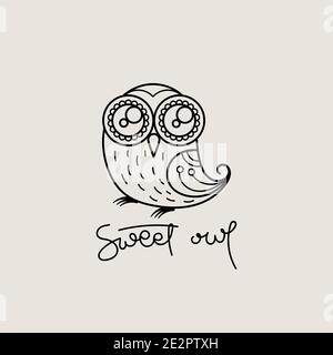 Logo con contorno di gufo dolce. Design con emblema isolato Doodel. Simbolo dell'educazione dei bambini. Illustrazione vettoriale Illustrazione Vettoriale