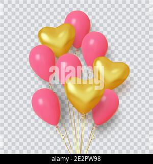 Gruppo realistico di palloncini in forma di cuore di rosa e oro su sfondo trasparente. Vettore Illustrazione Vettoriale