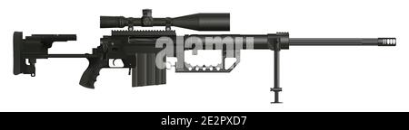 Disegno vettoriale realistico di alta qualità potente fucile da cecchino americano intervento CheyTAC in nero e grigio tones.icona arma isolata. Illustrazione Vettoriale