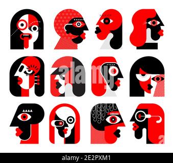 Colori rosso e nero isolati su uno sfondo bianco dodici Ritratti di persone diverse illustrazione vettoriale. Serie di avatar vettoriali a disegno piatto. Illustrazione Vettoriale
