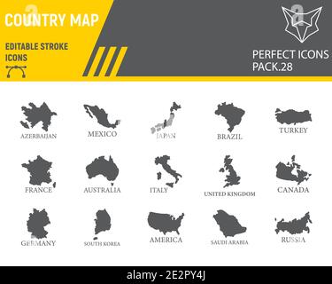 Mappa del set di icone glifo paese, raccolta paese, schizzi vettoriali, illustrazioni logo, icone paesi mappa, pittogrammi solidi cartelli di viaggio, modificabile Illustrazione Vettoriale