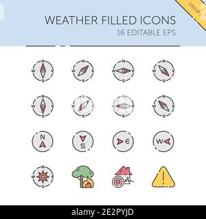 Meteo e meteorologia. Bussola e disastri naturali gruppo. Set di icone a colori isolati. Illustrazione vettoriale riempita Illustrazione Vettoriale