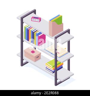 Libri su scaffale in illustrazione vettoriale isometrica. Illustrazione Vettoriale