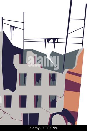 Edificio distrutto, struttura danneggiata, conseguenze di un disastro, cataclisma o guerra, vettore cartoon illustrazione isolata Illustrazione Vettoriale