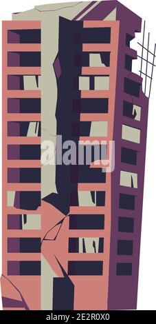 Edificio distrutto, struttura danneggiata, conseguenze di un disastro, cataclisma o guerra, vettore cartoon illustrazione isolata Illustrazione Vettoriale
