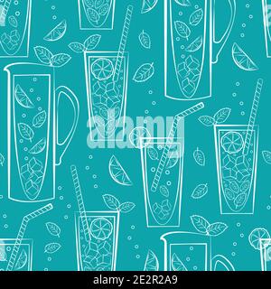 Caraffa di limonata menta e vettore di vetro senza cuciture motivo sfondo. Sfondo bianco blu con caraffe in stile artistico, bicchieri da bevande, cannucce, limoni Illustrazione Vettoriale