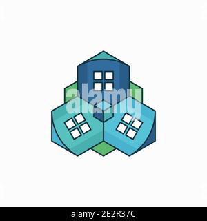 Design con logo Smart City. Illustrazione vettoriale di eco case esagonali isolate su sfondo bianco Illustrazione Vettoriale