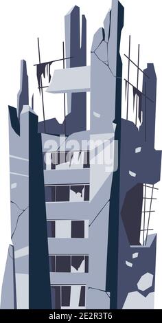 Edificio distrutto, struttura danneggiata, conseguenze di un disastro, cataclisma o guerra, vettore cartoon illustrazione isolata Illustrazione Vettoriale