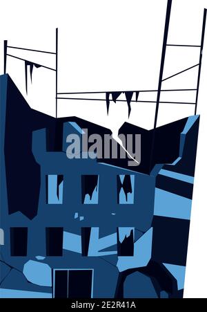 Edificio distrutto, struttura danneggiata, conseguenze di un disastro, cataclisma o guerra, vettore cartoon illustrazione isolata Illustrazione Vettoriale