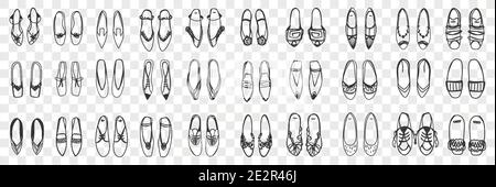 Set di scarpe da ginnastica femminile. Collezione di scarpe eleganti e disegnate a mano, sandali e paia di sneakers in fila isolati su sfondo trasparente. Illustrazione delle calzature Illustrazione Vettoriale