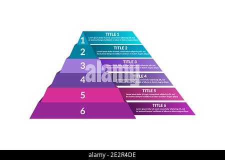 Infografica colorata a forma di piramide. Sei passaggi o opzioni. Triangolo con 6 livelli. Diagramma, grafico, grafico, modello di presentazione. Vettore Illustrazione Vettoriale