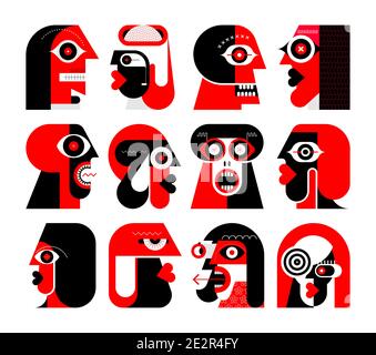 Colori rosso e nero isolati su uno sfondo bianco dodici Ritratti di persone diverse illustrazione vettoriale. Serie di avatar vettoriali a disegno piatto. Illustrazione Vettoriale