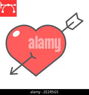 Cuore trafitto con icona a linea di colore a freccia, giorno e amore di valentine, cuore con grafica vettoriale segno a freccia, icona del contorno con tratto modificabile, eps 10. Illustrazione Vettoriale