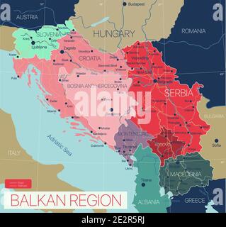 Regione balcanica Mappa dettagliata modificabile con città e città, strade e ferrovie. File vettoriale EPS-10 Illustrazione Vettoriale