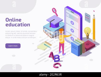 Landing page isometrica per l'istruzione online, banner Web. Studenti che imparano tutorial video a distanza tramite il sito Web o l'applicazione su un enorme schermo di smartphone. Lezione in Internet School, università o università. Illustrazione Vettoriale