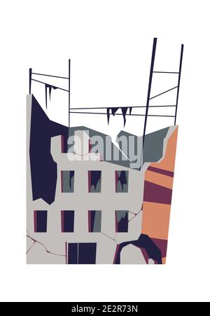 Edificio distrutto, struttura danneggiata, conseguenze di un disastro, cataclisma o guerra, vettore cartoon illustrazione isolata Illustrazione Vettoriale
