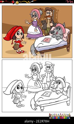 Illustrazione cartoon dei personaggi fiabeschi di Little Red Riding Hood pagina del libro da colorare di gruppo Illustrazione Vettoriale