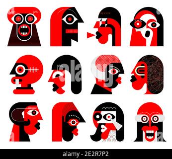 Colori rosso e nero isolati su uno sfondo bianco dodici Ritratti di persone diverse illustrazione vettoriale. Serie di avatar vettoriali a disegno piatto. Illustrazione Vettoriale