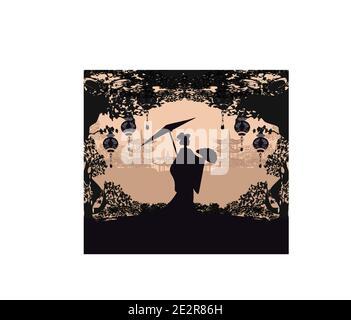 Scheda decorativa astratta con ragazza asiatica Illustrazione Vettoriale