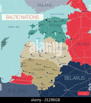 Regione delle nazioni baltiche Mappa dettagliata modificabile con città e città, strade e ferrovie. File vettoriale EPS-10 Illustrazione Vettoriale