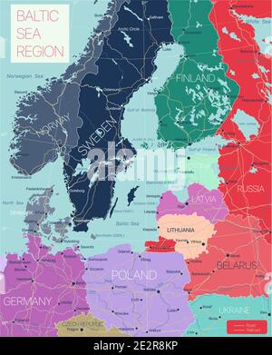 Regione baltica Mappa dettagliata modificabile con città e città, strade e ferrovie. File vettoriale EPS-10 Illustrazione Vettoriale