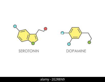 Struttura molecolare della dopamina e della serotonina. Molecola del neurotrasmettitore. Formula chimica scheletrica. Ormone della felicità e della gioia. Illustri di linea vettoriale Illustrazione Vettoriale