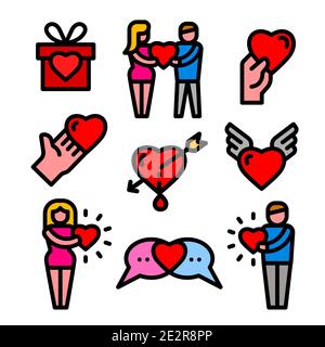 insieme delle icone di amore e di amicizia di colore Illustrazione Vettoriale