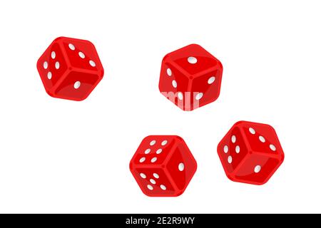 Dadi rossi in volo isolati su sfondo bianco. Casino gioco d'azzardo e intrattenimento. Icona dadi gioco da tavolo in volo. Cubi di poker. Illustrazione vettoriale Illustrazione Vettoriale