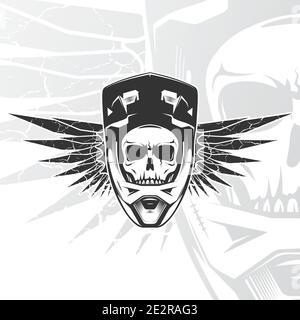 Skull biker con casco integrale. Emblema di Moto SPORTS. Logo MTB, BMX, Motocross, Downhill. Illustrazione vettoriale. Illustrazione Vettoriale