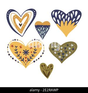 Cartoon Scandinavian Vector Heart Collection. Valentine disegnate a mano, set di simboli da giorno a forma di fiore. Carino capretto atrwork. Illustrazione Vettoriale