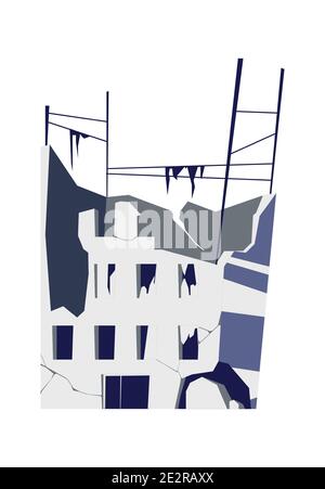 Edificio distrutto, struttura danneggiata, conseguenze di un disastro, cataclisma o guerra, vettore cartoon illustrazione isolata Illustrazione Vettoriale